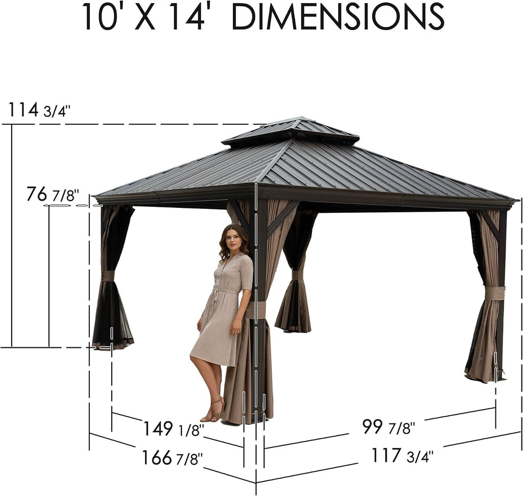 Kozyard Alexander 10' x 14' Hardtop Gazebo, Aluminum Frame with Galvanized Steel Double Roof, Outdoor Permanent Pavilion with Curtains and Netting for Patio, Backyard, Deck, Lawn (Brown)