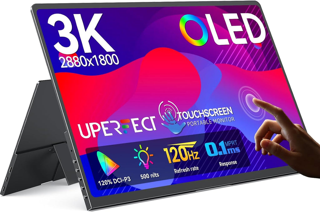 UPERFECT Touchscreen OLED Portable Monitor 14', 3K 2880x1800 | 120Hz | 0.1ms Portable Gaming Monitor, 500 Nits |120% DCI-P3 | 500000:1 | Ultra-Slim Design for Laptop Mini PC Phone Game Consoles