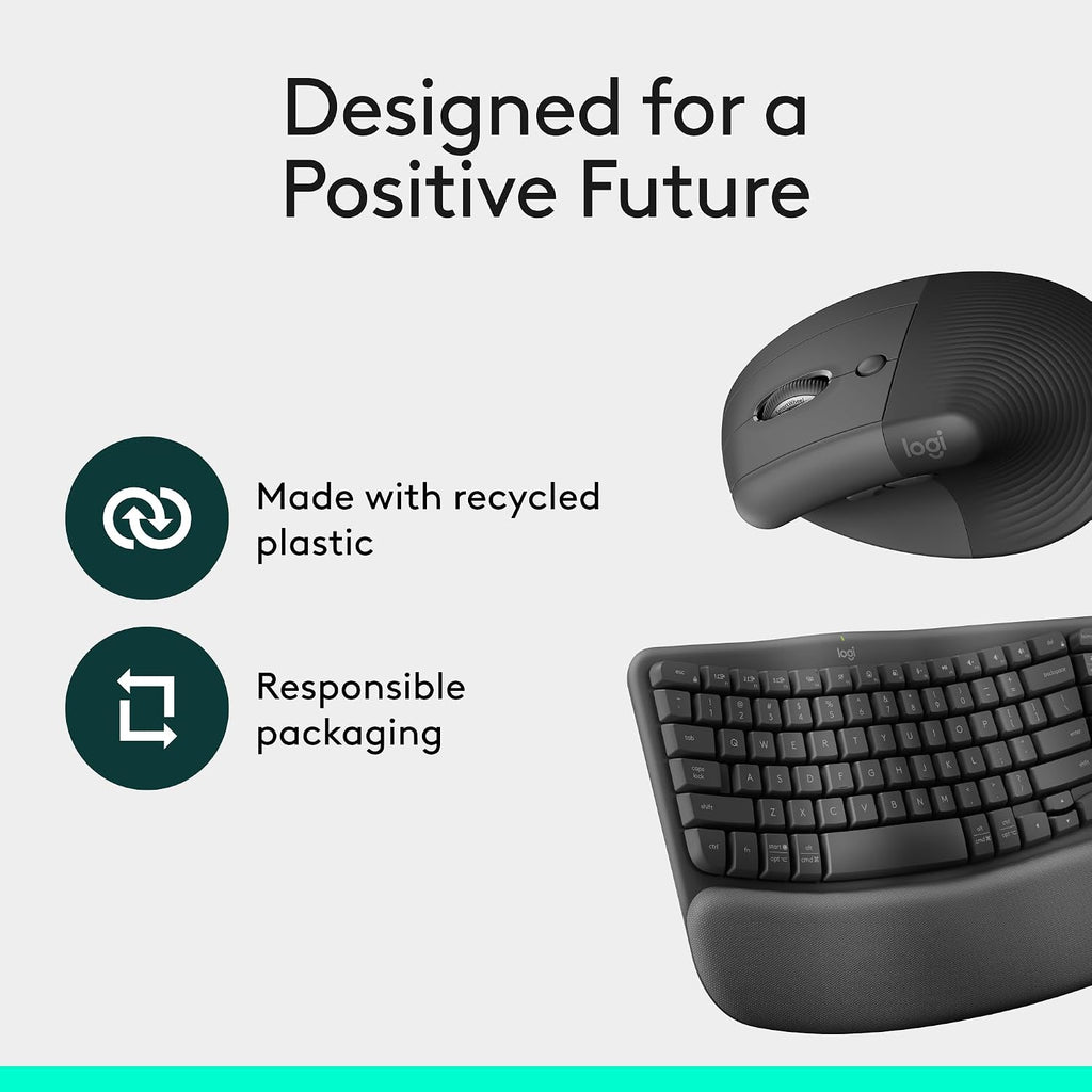 Logitech Wave Keys & Lift Vertical Mouse - Ergonomic Wireless Keyboard and Mouse Combo - with Cushioned Palm Rest, Easy-Switch, Bluetooth, for Multi-OS, Windows/Mac - Graphite