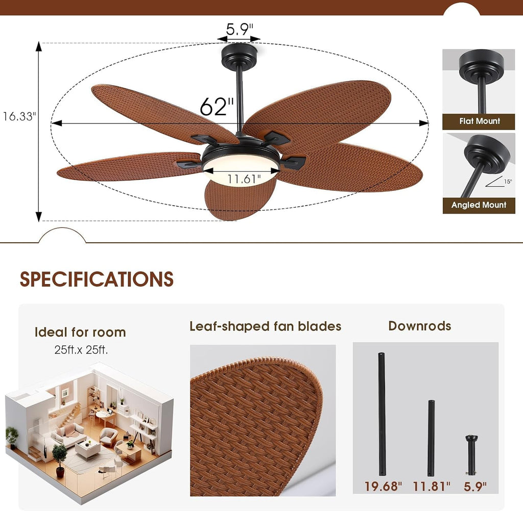 PHORUS 62' Large Waterproof Outdoor Palm Leaf Ceiling Fans with Lights and Remote,Wet Rated Tropical Ceiling Fans Light for Patios Porch Gazebo Pergola,6 Speeds Reversible