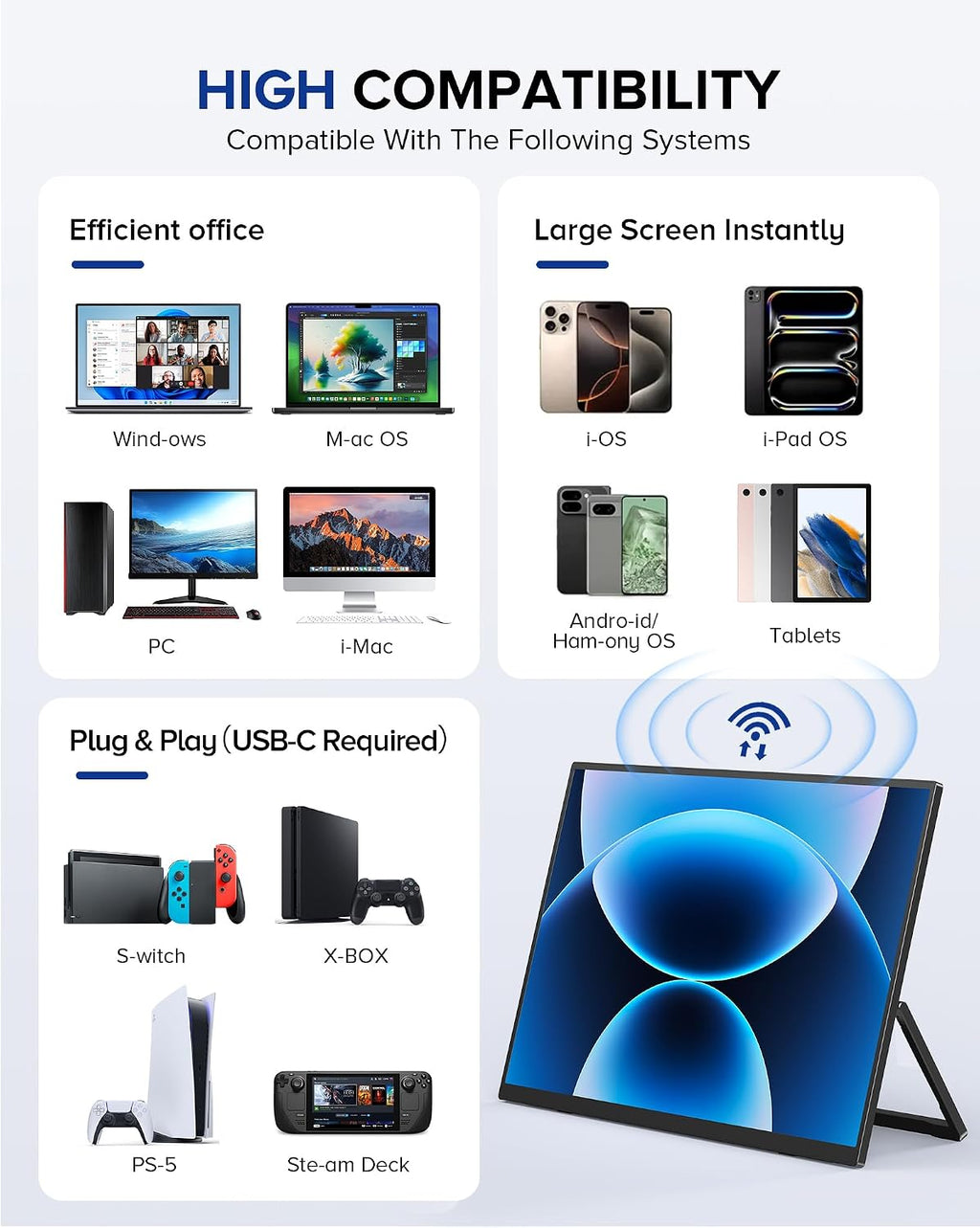 UPERFECT Wireless Portable Monitor with Battery 8000mAh, 15.6' 1080P FHD Ultra Slim Travel Monitor with Stand/VESA/Sleeve, External Second Screen for Laptop, PC, Phone, Support AirPlay Miracast