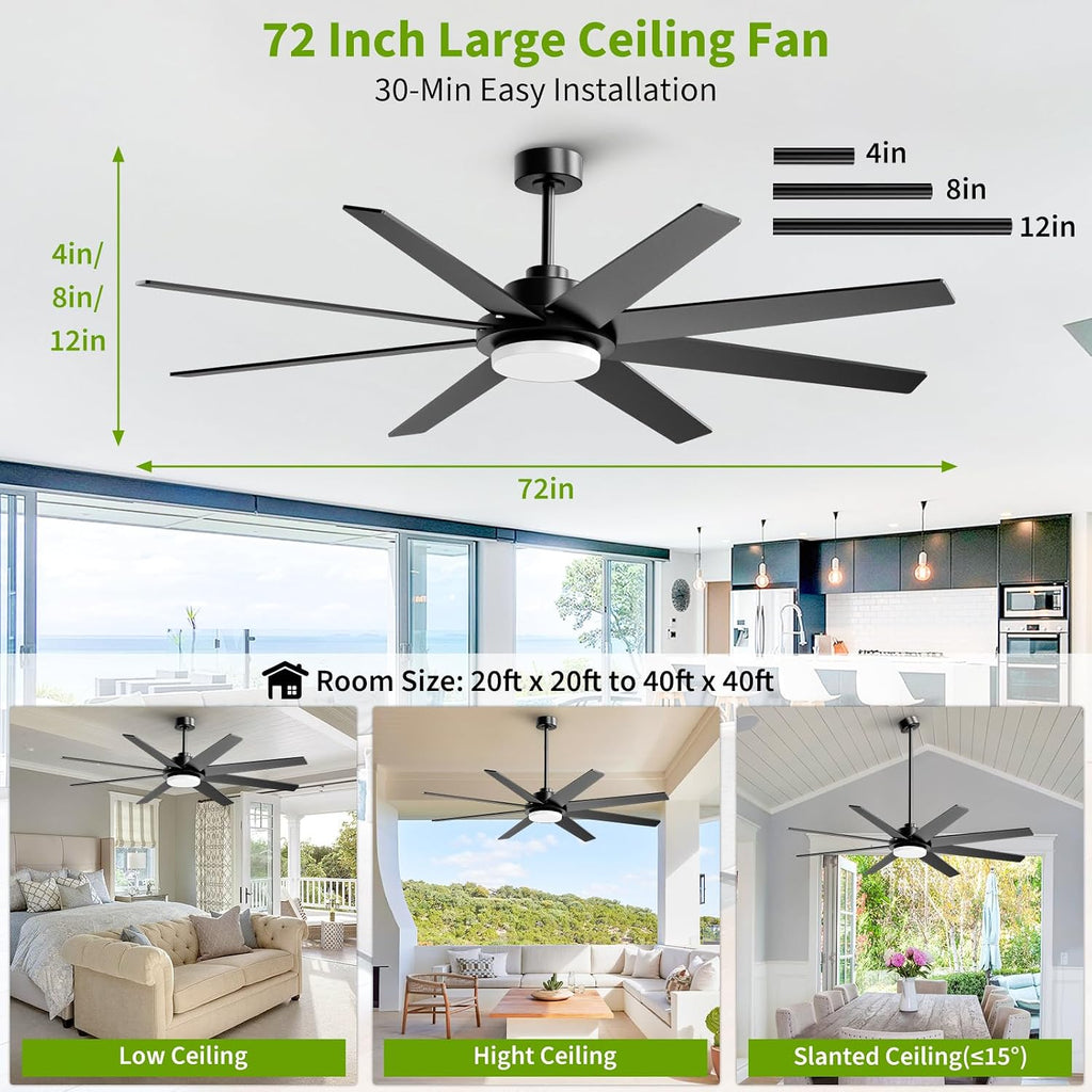 72 Inch Ceiling Fans with Lights and Remote APP Control, Outdoor Indoor Black LED Big Ceiling Fan Reversible 24db Quiet, 6 Speed 3CCT Dimmable,Modern Ceiling Fan for Patio Living Room Farmhouse Garage
