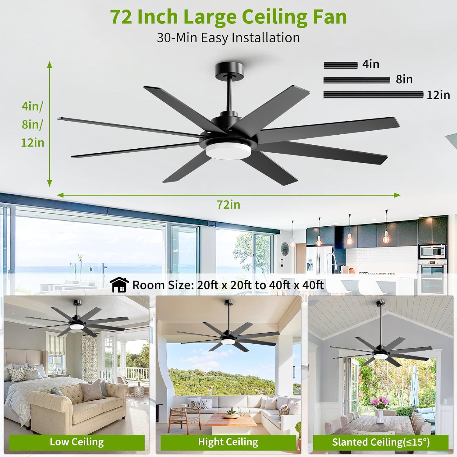 72 Inch Ceiling Fans with Lights and Remote APP Control, Outdoor Indoor Black LED Big Ceiling Fan Reversible 24db Quiet, 6 Speed 3CCT Dimmable,Modern Ceiling Fan for Patio Living Room Farmhouse Garage