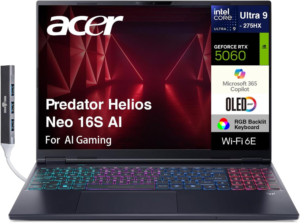 acer Predator Helios Neo 16S AI Gaming Laptop 16.0' 240Hz OLED WQXGA (Intel Ultra 9-275HX, GeForce RTX 5060 8GB, 16GB DDR5, 1TB SSD, Copilot, Thunderbolt 4, Win 11 Home) w/DKZ USB Port Expander