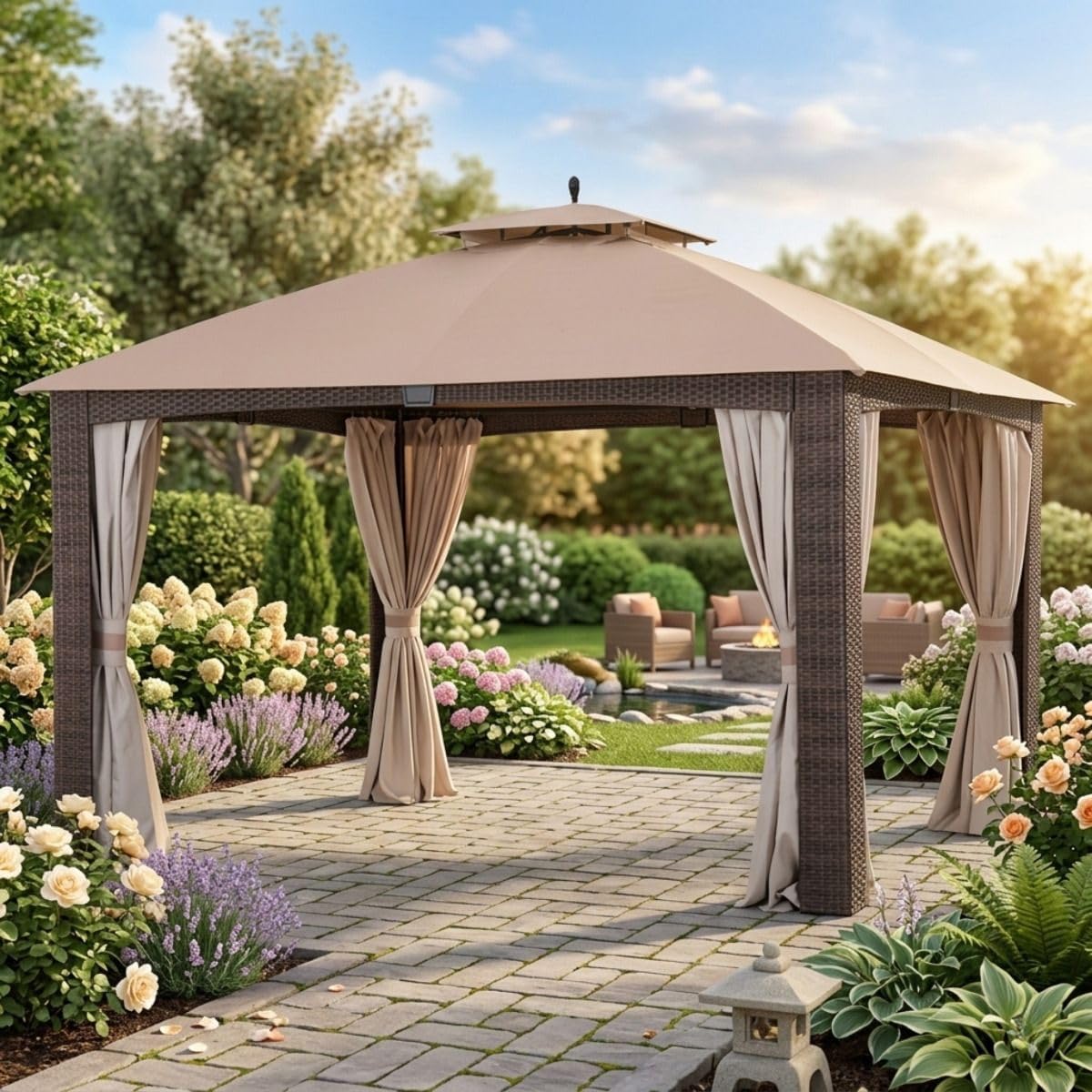 Garden Winds Durable 350 Replacement Privacy Curtain Set Compatible with Augusta 10' x 12' Gazebo Model L-GZ1190PST – Beige