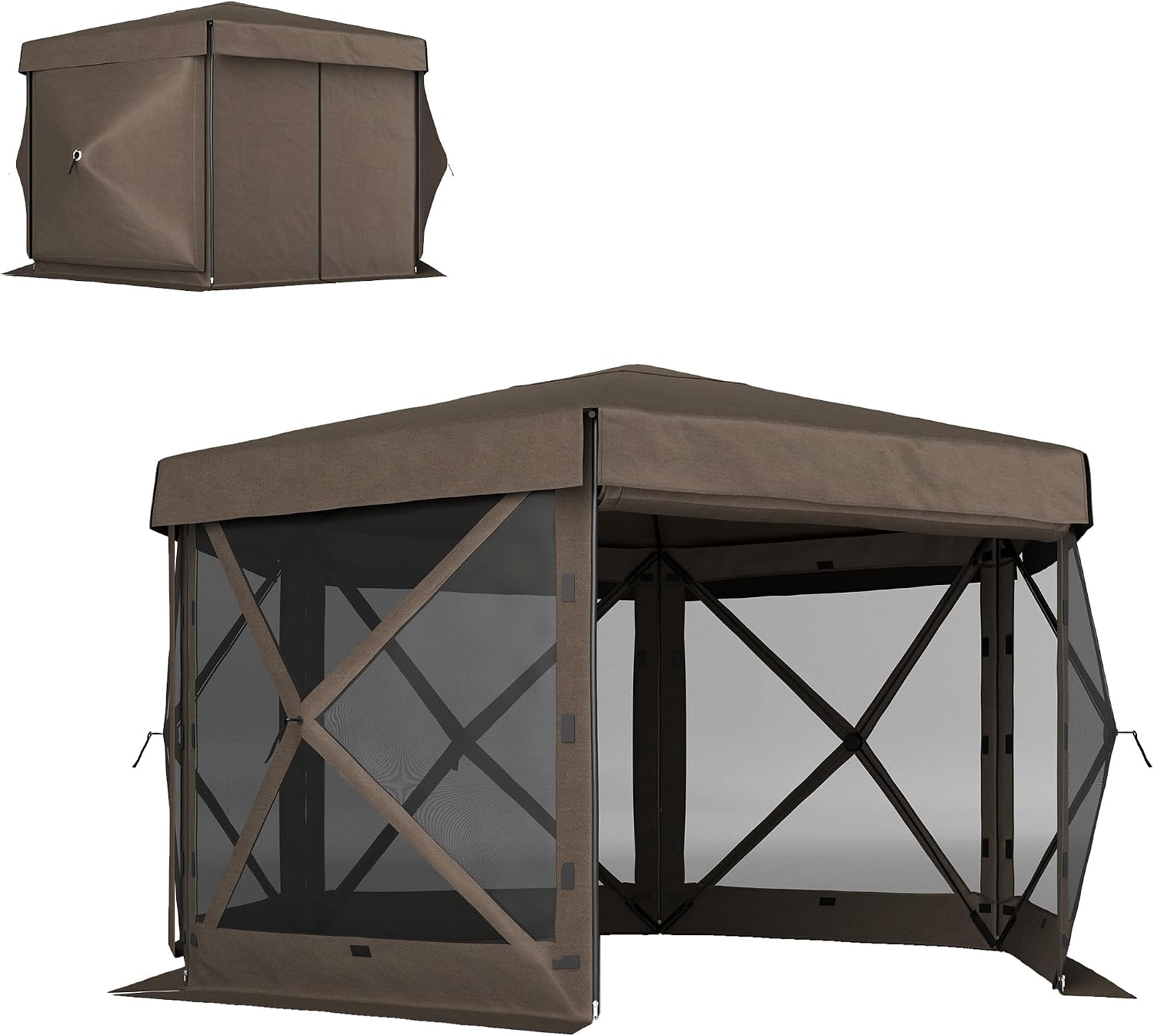 Outsunny 12' x 12' Hexagonal Pop Up Gazebo Tent with 5 Sidewalls, Waterproof Portable Outdoor Canopy Shelter with Curtains, Carry Bag, 5 Ropes, 11 Stakes for Camping, Garden, Patio, Brown
