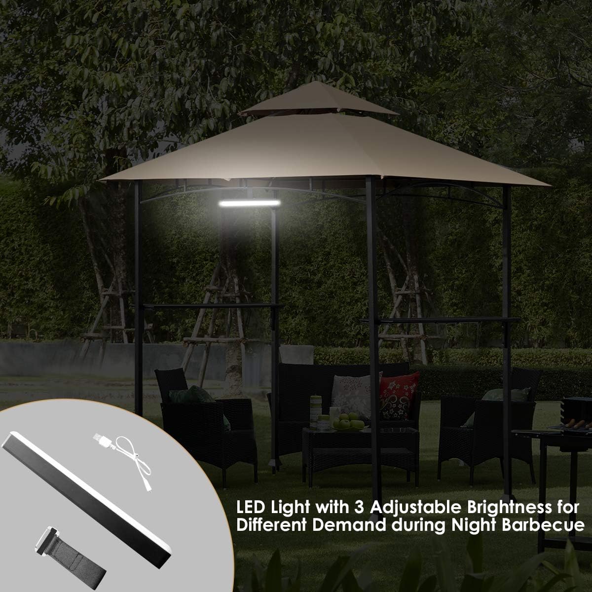 Tangkula 8' x 5' Grill Gazebo, Outdoor Patio Barbecue Gazebo Shelter with LED Lights, 2-Tier Canopy Top Cover Grill Gazebo with Sturdy Steel Frame, Ideal for Gatherings, Parties (Khaki)