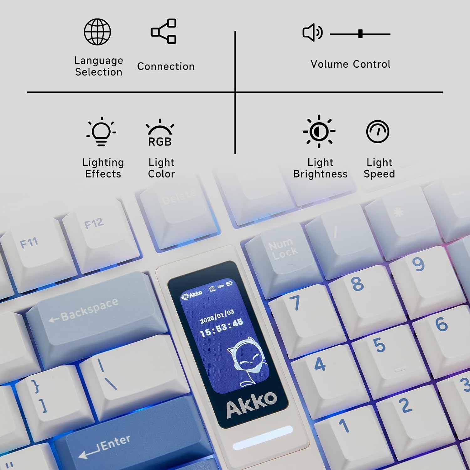 Akko 5098B Wireless Gaming Keyboard with Screen, Glacier Hot-Swappable Mechanical Keyboard with Scroll Wheel, Numberpad, RGB Gasket Keyboard, Piano Pre Lubed Switch