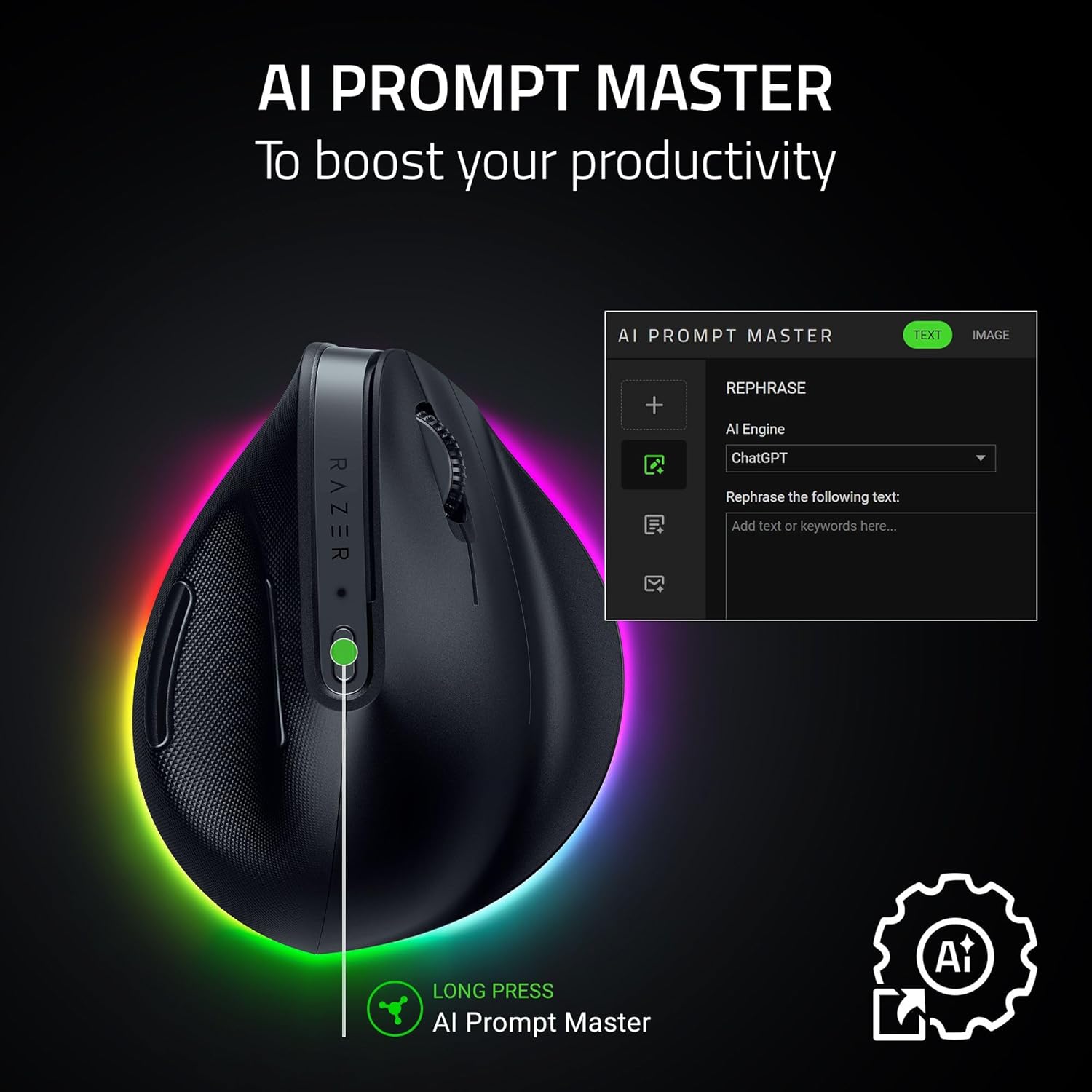 Razer Pro Click V2 Vertical Wireless Mouse: 6 Button Ergonomic Design - One Click AI Prompt - Supports Windows & Mac - Multi Device Connectivity via 2.4GHz, Bluetooth, or USB C Wired Mode - Chroma RGB