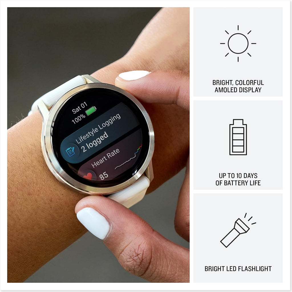 PlayBetter Garmin Venu 4 (Silver/Periwinkle, 41mm) Fitness GPS Smartwatch Bundle - AMOLED Display, Built-in Flashlight, Long Battery Life Portable Charger & HD Screen Protectors