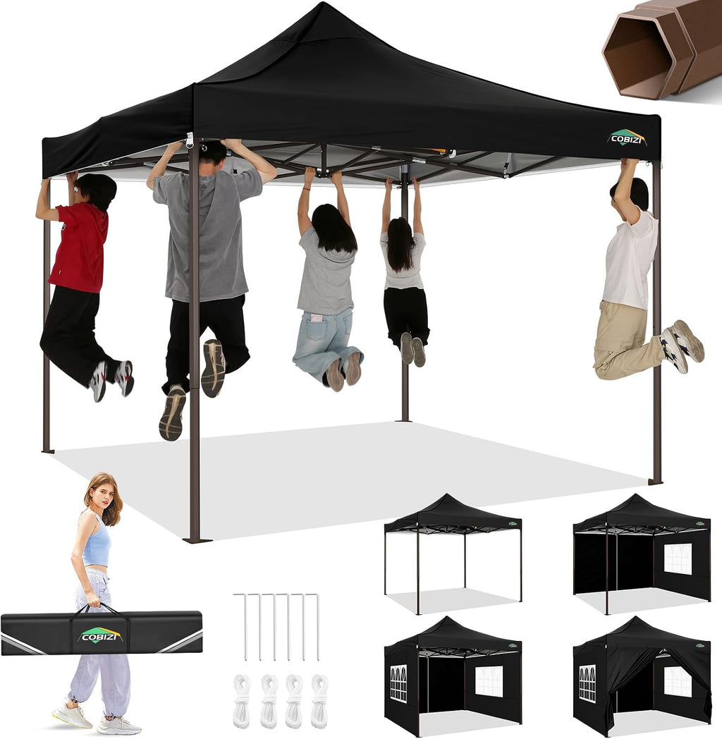 COBIZI 10x10 Pop Up Heavy Duty Canopy with 4 Sidewalls and Hexagonal Legs, Easy up Tent for Events, Parties, Camping, Outdoor Canopy with Portable Bag, Waterproof & UPF50+ (Black)