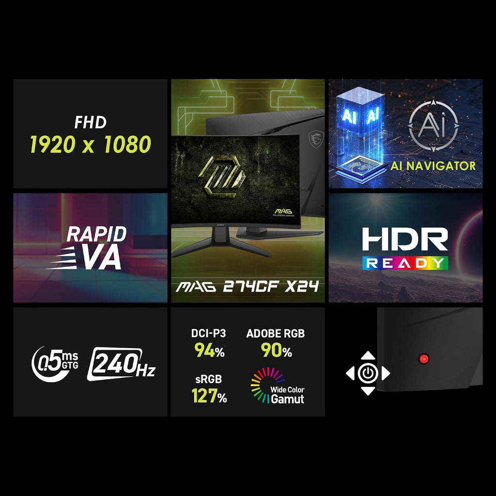 msi MAG 274CF X24 27-inch 1920 x 1080 (FHD) Gaming Monitor, 240Hz, AMD Adaptive-Sync, HDR Ready, HDMI, VGA Port, VESA Mountable, Tilt, 4-Side Slim Bezel, 0.5ms, Black