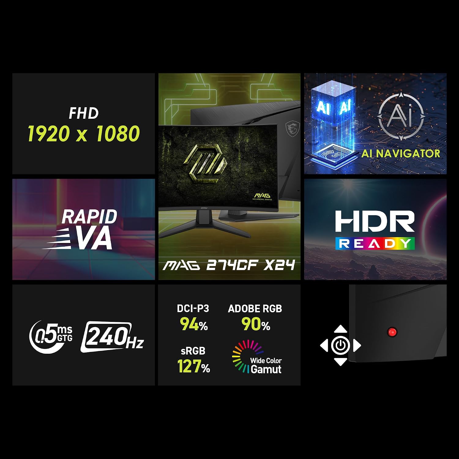 msi MAG 274CF X24 27-inch 1920 x 1080 (FHD) Gaming Monitor, 240Hz, AMD Adaptive-Sync, HDR Ready, HDMI, VGA Port, VESA Mountable, Tilt, 4-Side Slim Bezel, 0.5ms, Black
