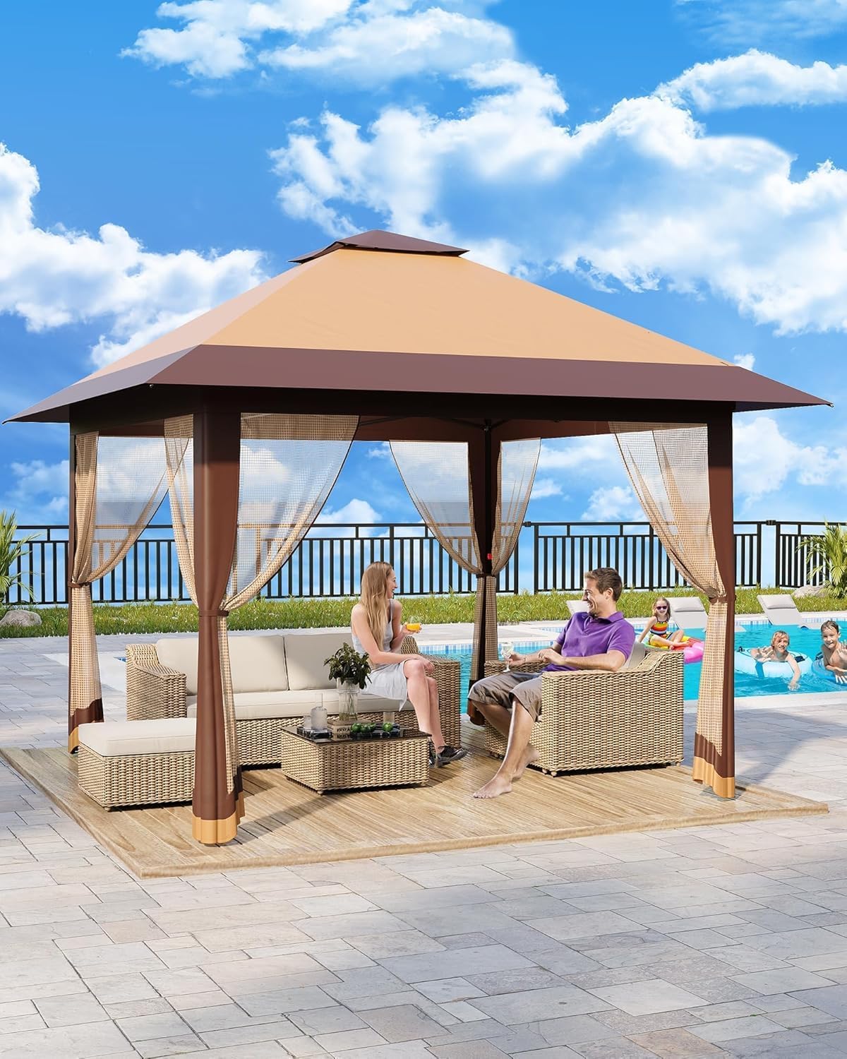 Pop Up Gazebo 13 * 13 Ft Outdoor Tent with Mosquito Net - Patio Gazebo 3 Level Adjustable Height Outdoor Gazebos for Backyard Waterproof Double Roof Patio Canopy for Parties BBQs