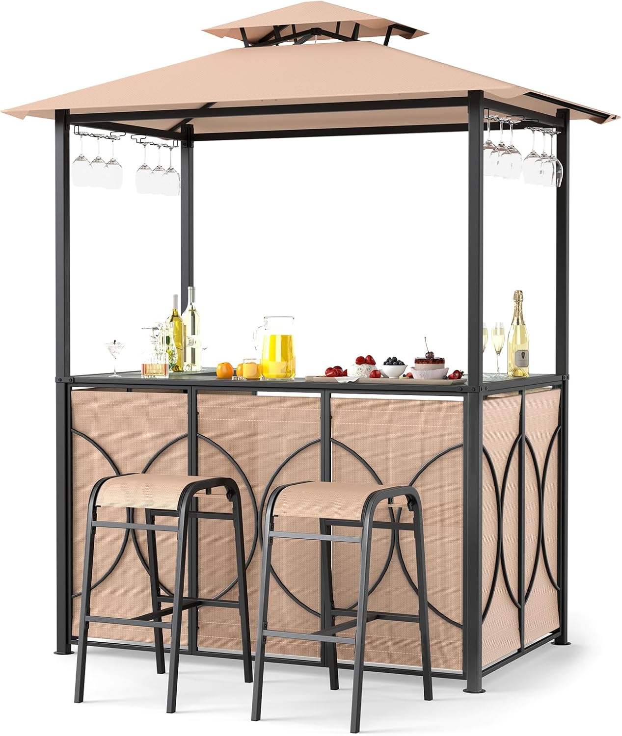 Tangkula 3-Piece Patio Bar Set, Grill Gazebo & 2 Bar Stools with Tempered Glass Bar Table, Metal Storage Shelves, Glass Holders, Double-Tier Soft Top Canopy BBQ Gazebo Shelter for Patio Garden (Brown)