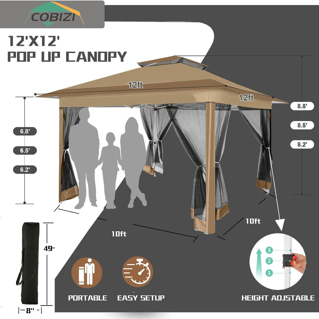 COBIZI 12x12 Pop Up Gazebo On Clearance Canopy Tent- Upgrade Metal Outdoor Canopy Waterproof - Portable Gazebo with Mosquito Nettings, 4 Ropes 8 Stakes and Carry Bag for Patio Garden(Coffee)