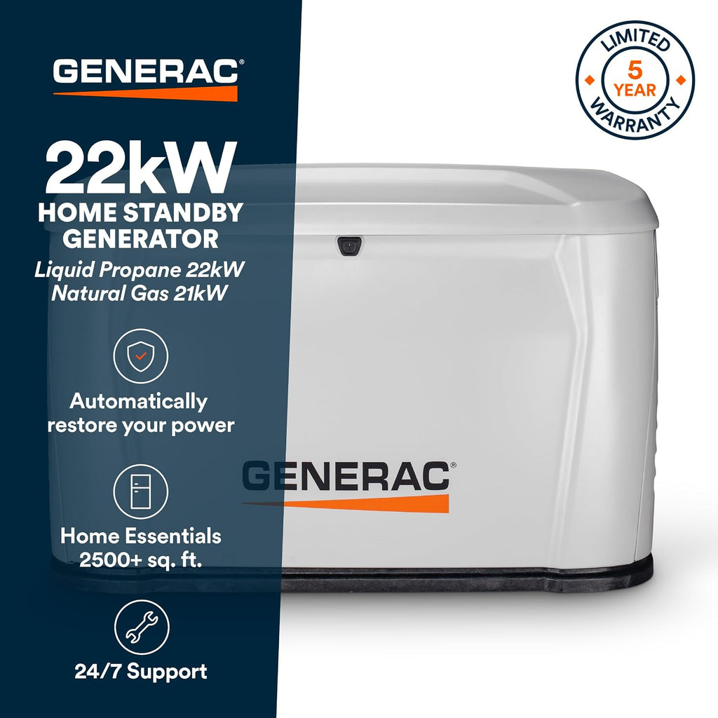 Generac 22kW Home Standby Generator for home use with 200 amp transfer switch, built-in cellular connectivity, whole house generator for power backup