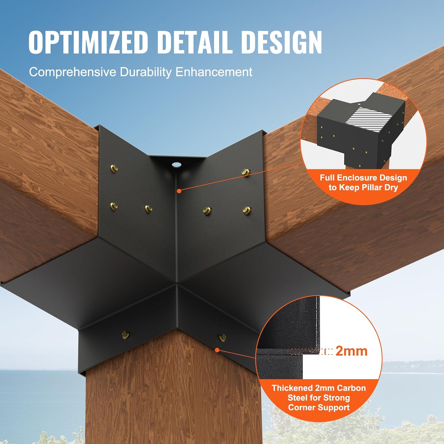 VEVOR Pergola Bracket Kit 6''x6''(Inner Size 5.6x5.6), 4pcs 3-Way Heavy Duty Corner Bracket Woodworks DIY Post Base Kit, Easy Installation Wooden Beams for Gazebos, Patio Pergolas, Log Cabin Outdoor