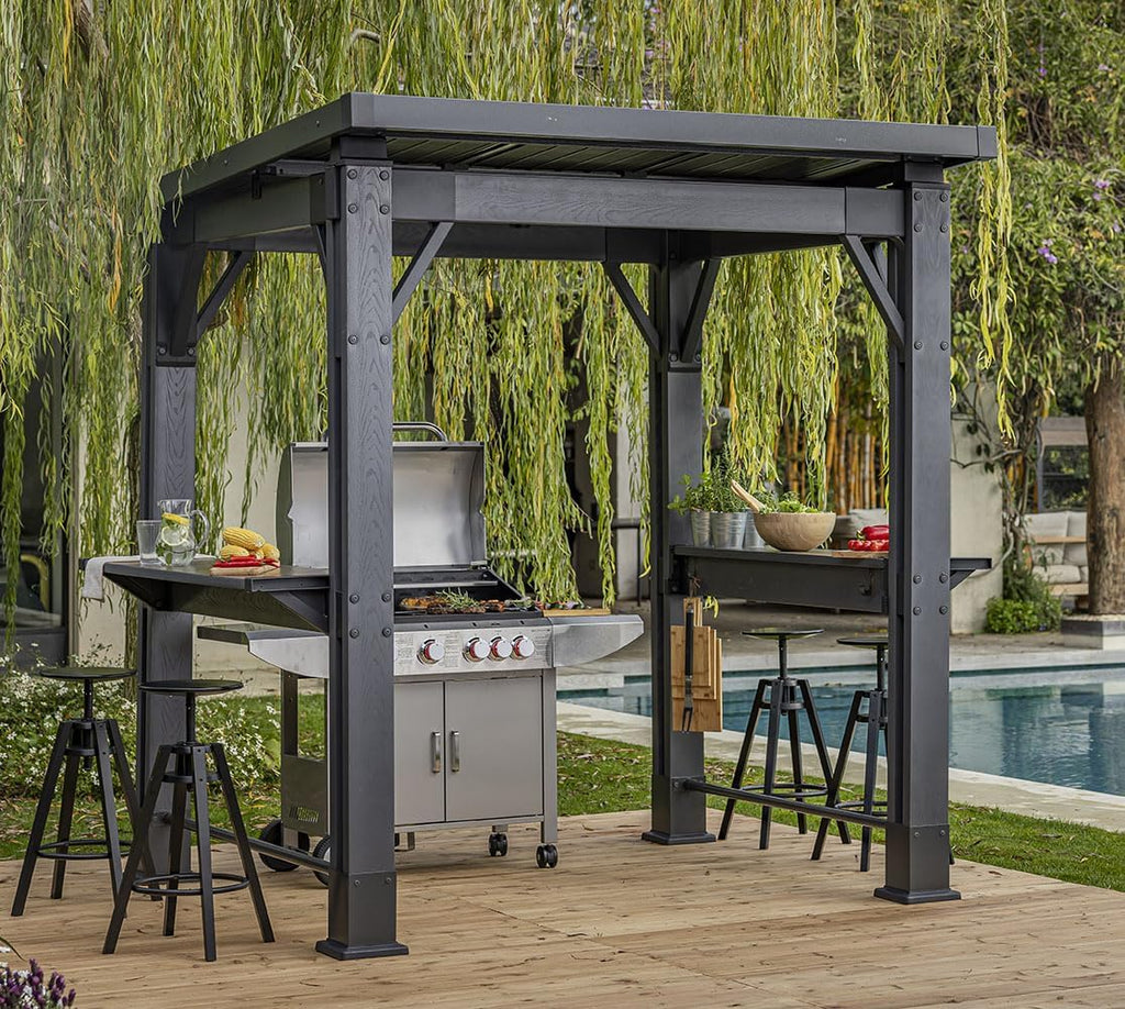 Keter Signature 8 x 6.5 FT Grill Gazebo Hardtop Durable Resin Outdoor BBQ Gazebo with Double Shelves, Permanent Grill Pavilion for Patio Lawn, Deck, Backyard, and Garden