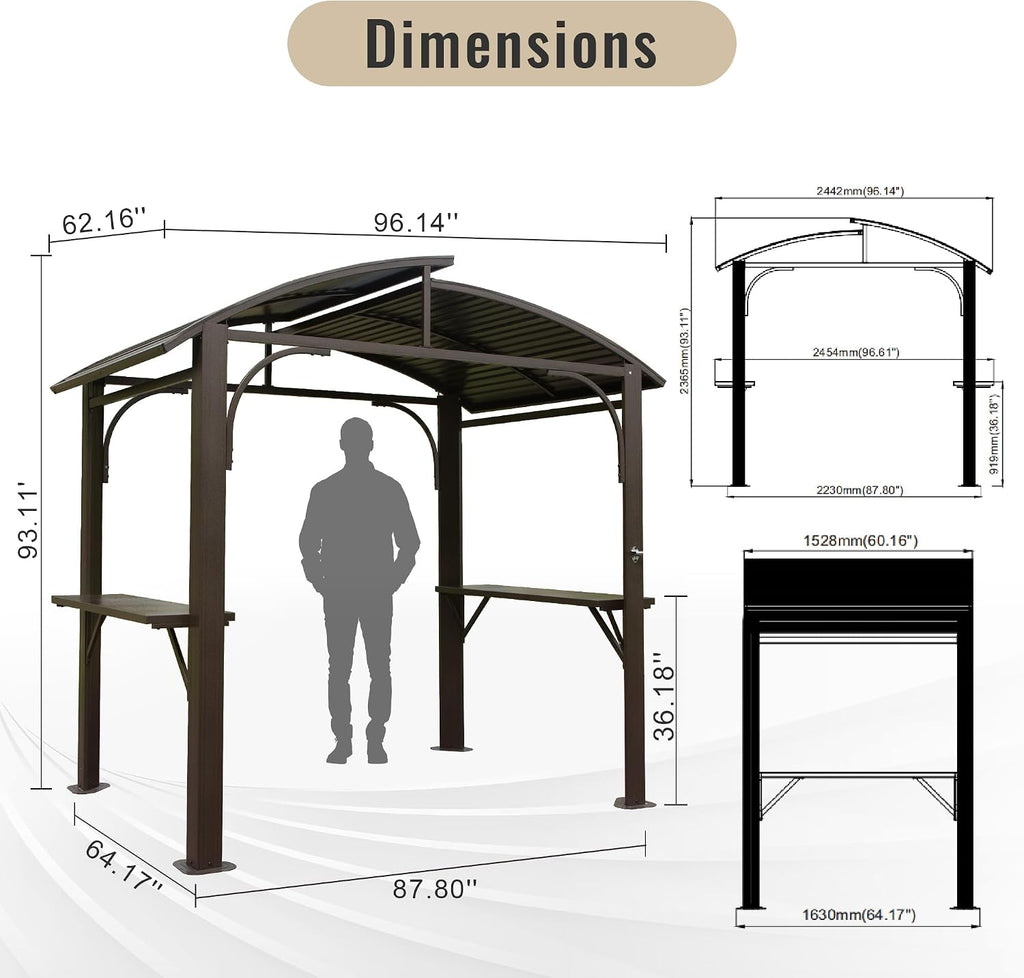 Domi 8x5FT Hardtop Grill Gazebo, Outdoor BBQ Gazebo with 2 Side Shelves and Bottle Opener, Outdoor Grill Canopy with Galvanized Steel Double Roof for Patio Lawn Backyard Deck, Brown