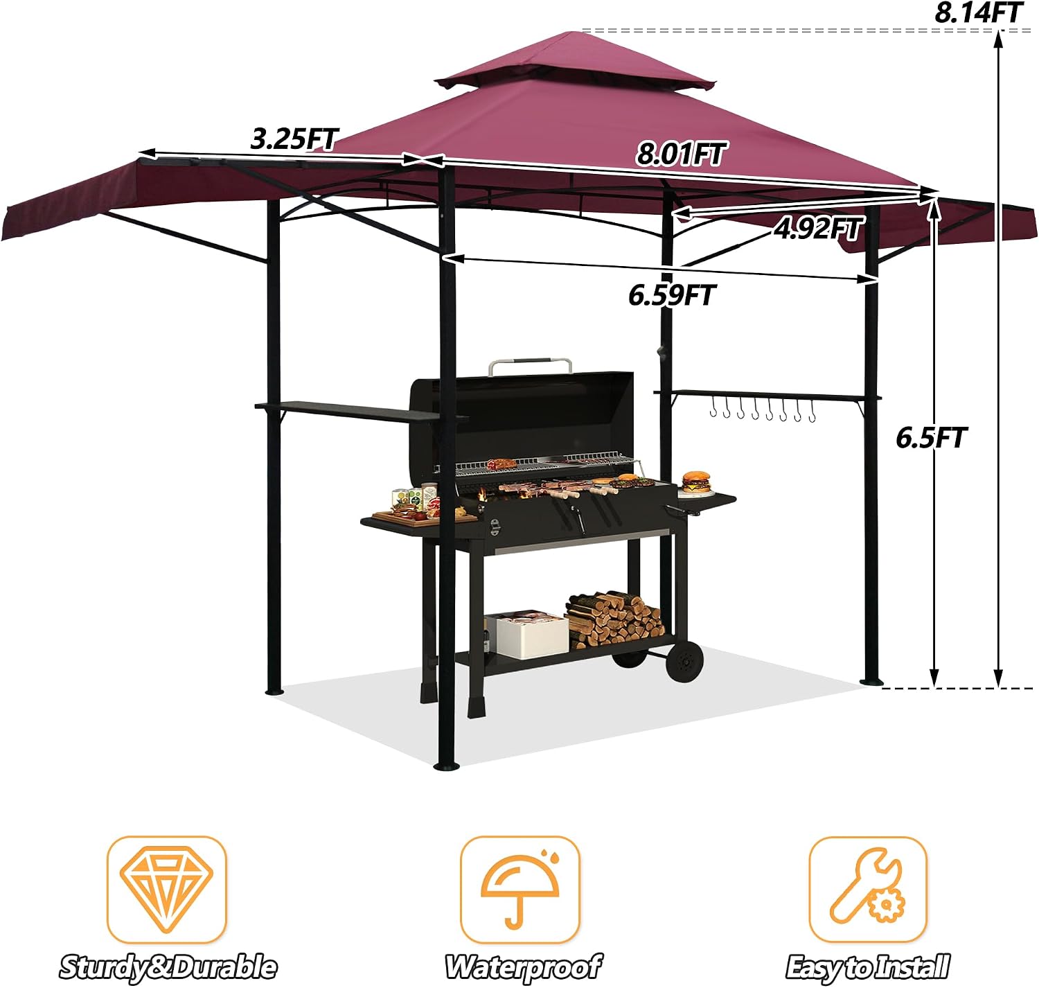 14 x 5Ft Grill Gazebo Outdoor BBQ Gazebo Canopy with Dual Side Awnings Double Tiered Grill Canopy for Patio, Garden, Beach (Red)