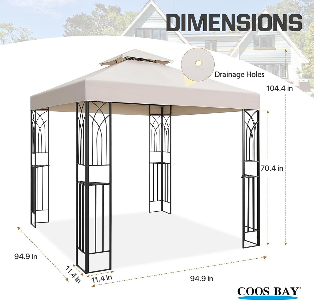 COOS BAY 8x8 Patio Gazebo with Corner Shelves, Two Tier Soft Top Canopy with UV Protection for Backyard, Garden, Lawn, Outdoor Events, Beige
