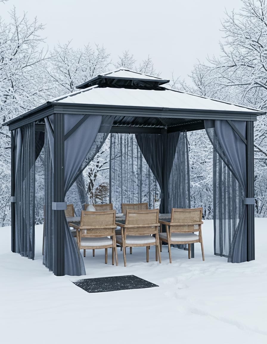 GarveeLife Hardtop Gazebo 10 ft x10 ft for All Weather, with Double Metal Roof, Aluminum Alloy Frame, Net, and Curtain, Permanent Building for Patio, Deck, Backyard, Lawn, and Garden