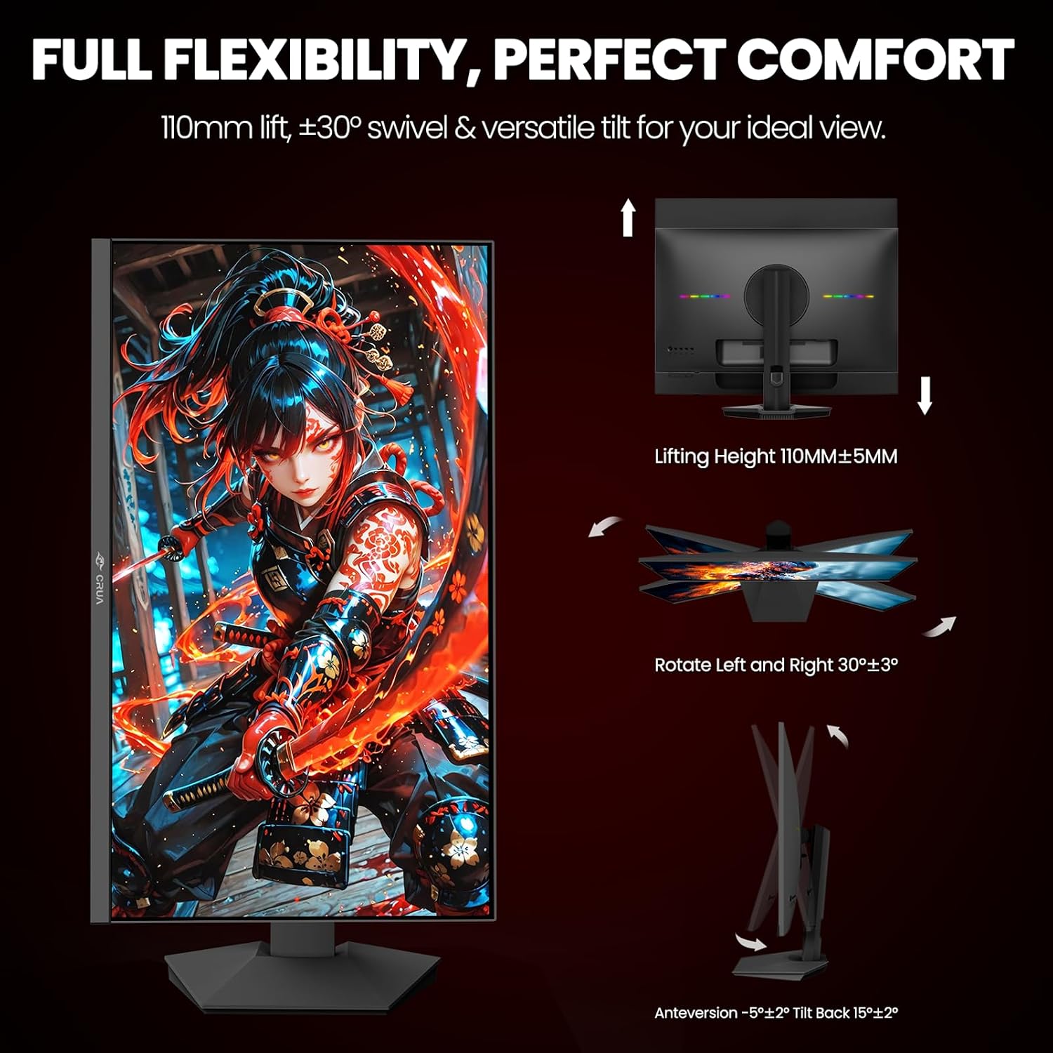 CRUA 27' 4K Gaming Monitor, UHD 3840x2160 160Hz IPS Screen, Height/Pivot/Swivel/Tilt Adjustable Vertical Monitor, Support AMD FreeSync, Built-in Speakers, 120% sRGB, PIP/PBP, HDMI 2.1 & DP 1.4-Black