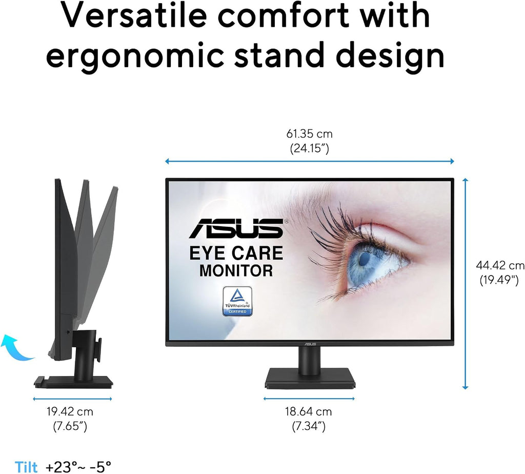 ASUS 27' 1440P Eye Care Monitor (VA27AQ) - IPS, QHD (2560 x 1440), 99% sRGB, Frameless, HDMI, DisplayPort, VGA, 1ms, Speakers, Low Blue Light, Flicker Free, VESA Wall Mountable, 3 yr Warranty