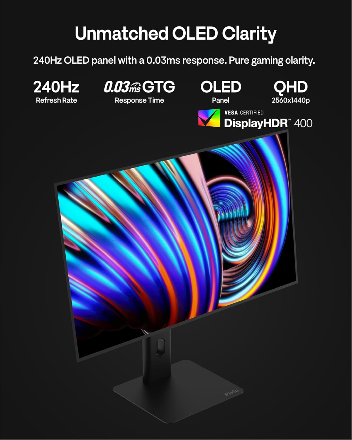 Pixio 27' WOLED Gaming Monitor, QHD 1440p, 240Hz, 0.03ms, DisplayHDR True Black 400, Adaptive Sync, KVM Switch, Fully Adjustable Stand, HDMI 2.1, DisplayPort, USB-C, RGB Light, PX277 OLED Max V2
