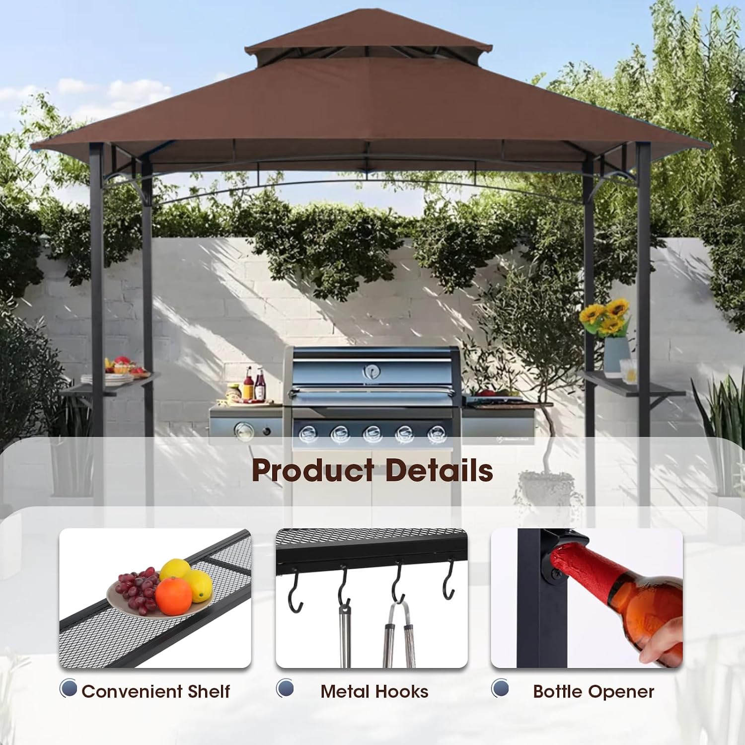 Outdoor Grill Gazebo Tent BBQ Canopy for Outdoor Barbeque Shelter Girll Canopy Grill Gazebo Hardtop with Stable Steel Frame / L96 x W60 x H101 Inch Deep Brown