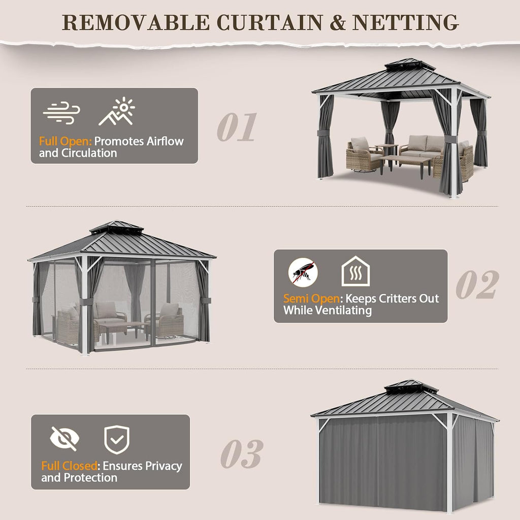 EAGLE PEAK 12x12 Hardtop Gazebo, Galvanized Steel Double Roof with Aluminum Frame, Outdoor Pavilion with Netting and Curtains for Patio, Deck, Lawn and Garden, White/Gray