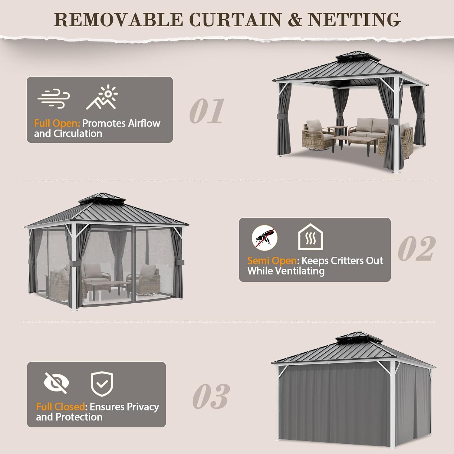 EAGLE PEAK 12x12 Hardtop Gazebo, Galvanized Steel Double Roof with Aluminum Frame, Outdoor Pavilion with Netting and Curtains for Patio, Deck, Lawn and Garden, White/Gray