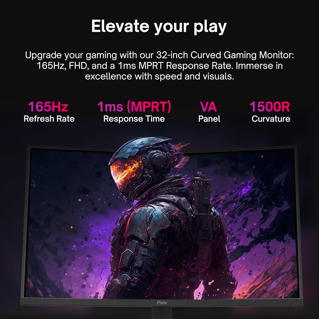 Pixio PXC325 32 inch 165Hz Refresh Rate FHD 1080p Resolution 1500R Curved VA Panel 1ms MPRT Response Time Adaptive Sync HDR Tilting Stand Gaming Monitor