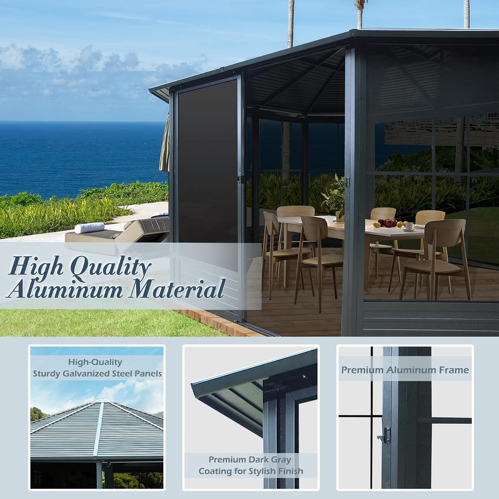 Domi 13x13FT Sunroom, Octagonal Solarium Aluminum Hardtop Gazebo with Galvanized Steel Roof, Detachable PE Screen, Sliding Door, Sun Room Pavilion Gazebo for Deck Backyard Garden