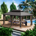 Kozyard Alexander 12' x 18' Hardtop Gazebo, Aluminum Frame with Galvanized Steel Double Roof, Outdoor Permanent Pavilion with Curtains and Netting for Patio, Backyard, Deck, Lawn(Brown)