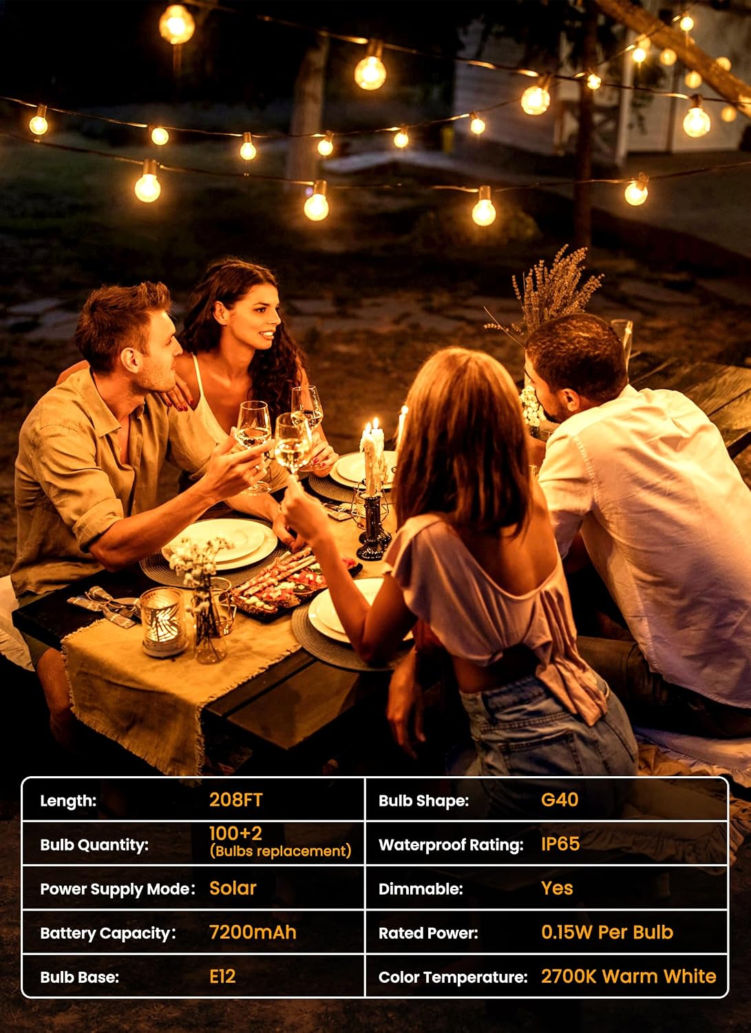 Brightown 208FT 102LED Solar String Lights Outdoor with USB Port, Shatterproof Bulbs, Dimmable & Timable, 3 Modes, Patio Lights Solar Powered for Camping Backyard Garden Decor - Last for 20+Hrs