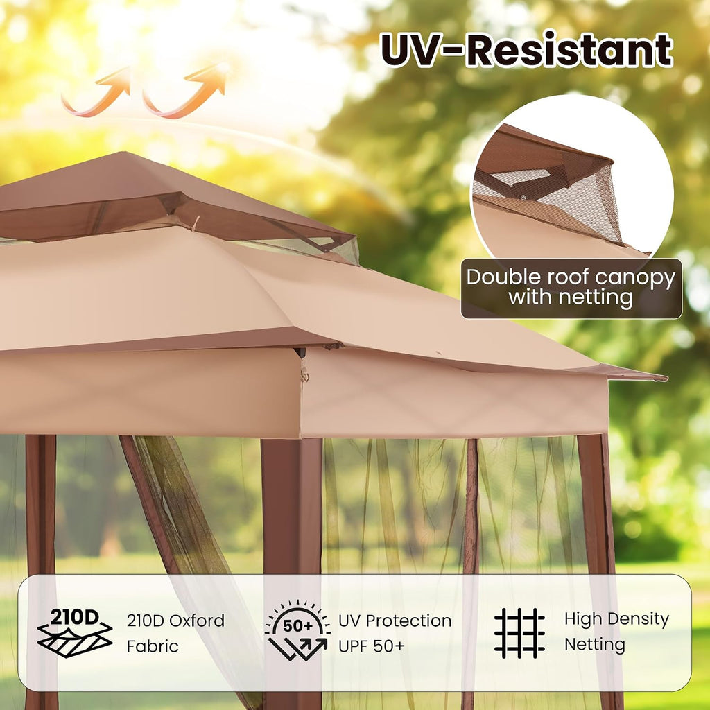 11x11 Pop Up Gazebo with Mosquito Netting Pop Up Canopy with Double Layer Ventilation Portable Bag Canopy Tent with 120 Square Feet of Shade Instant Tent for Garden Party Patio Backyard Beige