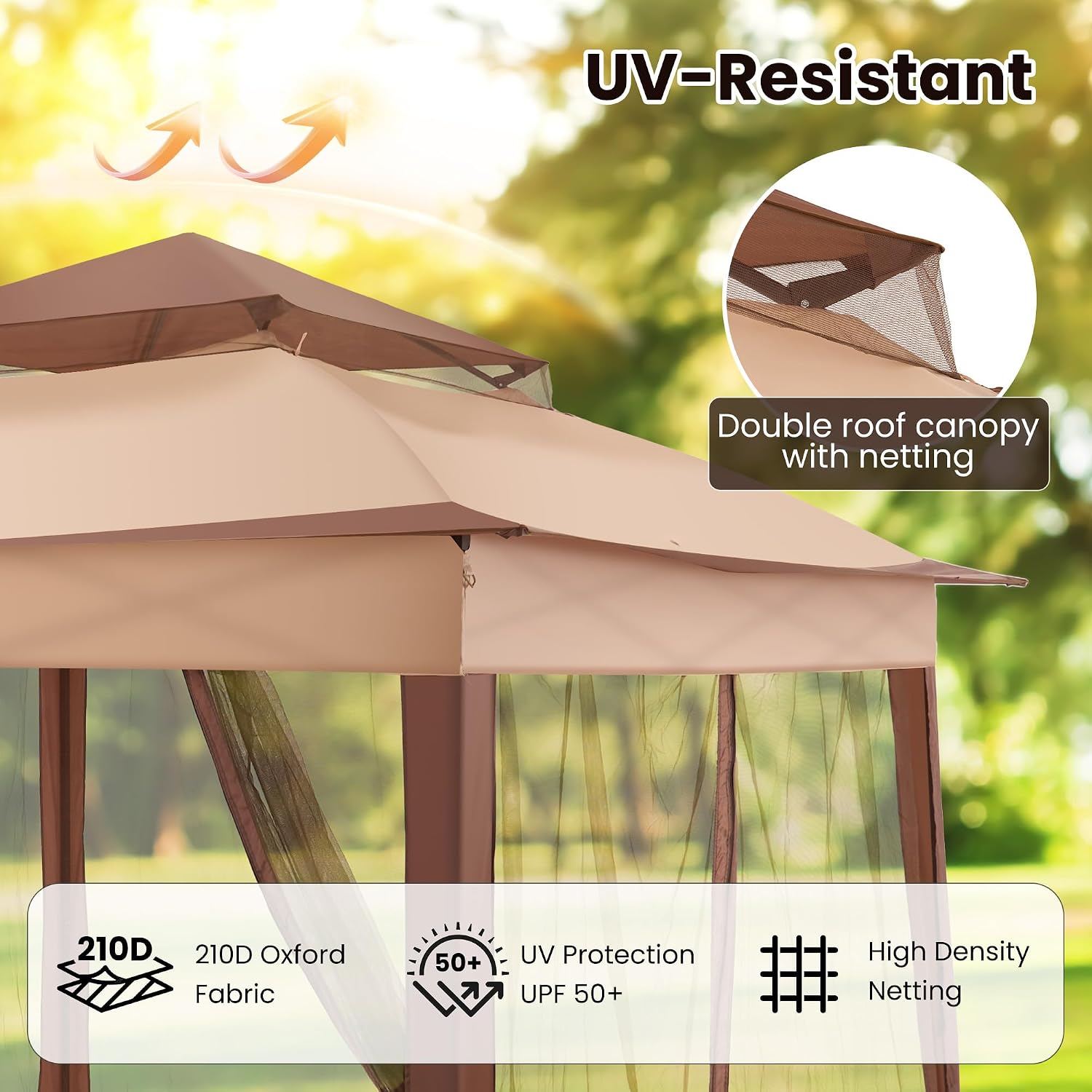 11x11 Pop Up Gazebo with Mosquito Netting Pop Up Canopy with Double Layer Ventilation Portable Bag Canopy Tent with 120 Square Feet of Shade Instant Tent for Garden Party Patio Backyard Beige