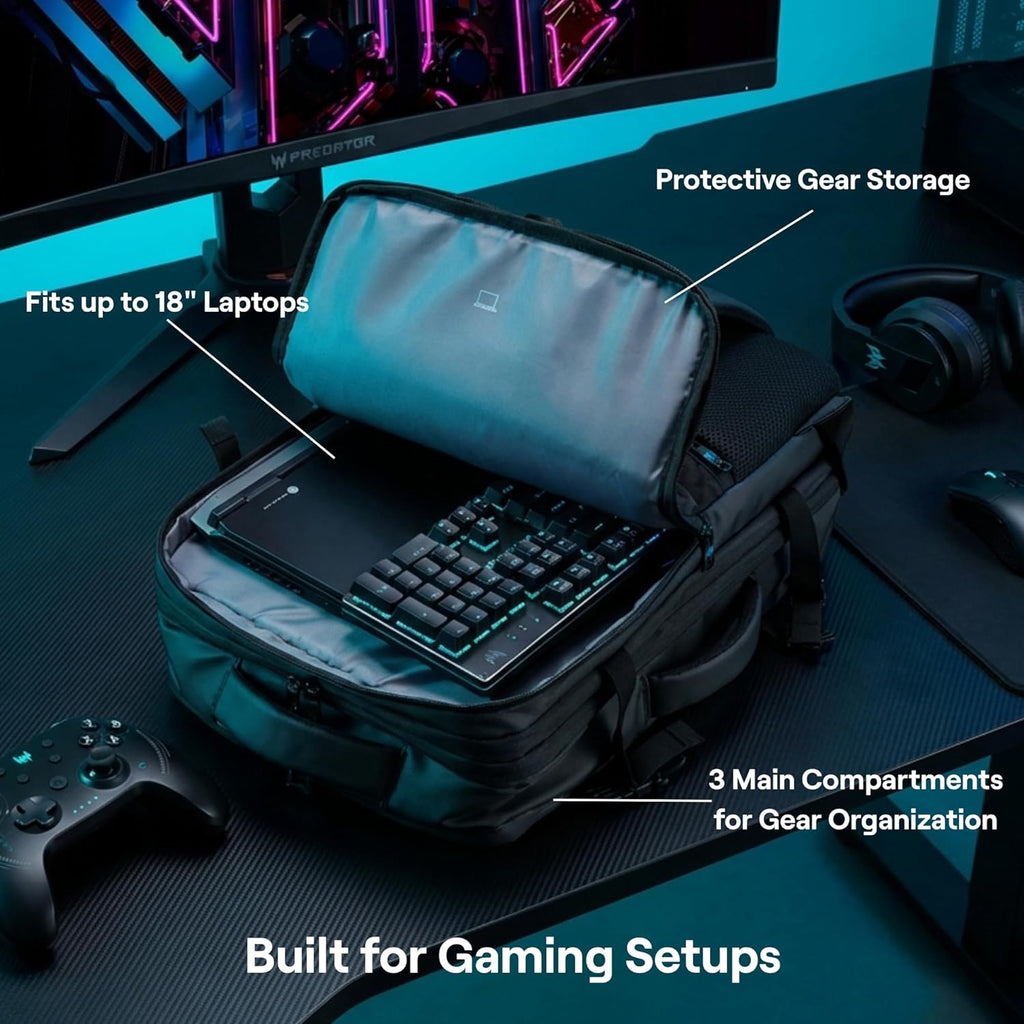 acer Predator Robust Gaming Laptop Backpack - Fits 18' Laptops with Expandable 30L Capacity - Water-Repellent TSA-Friendly 3-Compartment Design with Anti-Theft Pocket Ideal for Tournaments and Travel