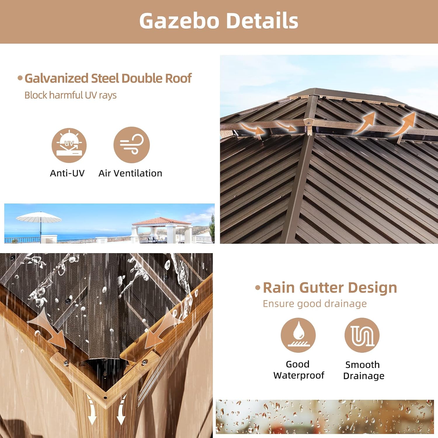 MELLCOM 10' x 12' Hardtop Gazebo, Wooden Finish Coated Aluminum Frame Gazebo with Galvanized Steel Double Roof, Outdoor Permanent Metal Pavilion with Curtains and Nettings for Patio, Lawn & Garden