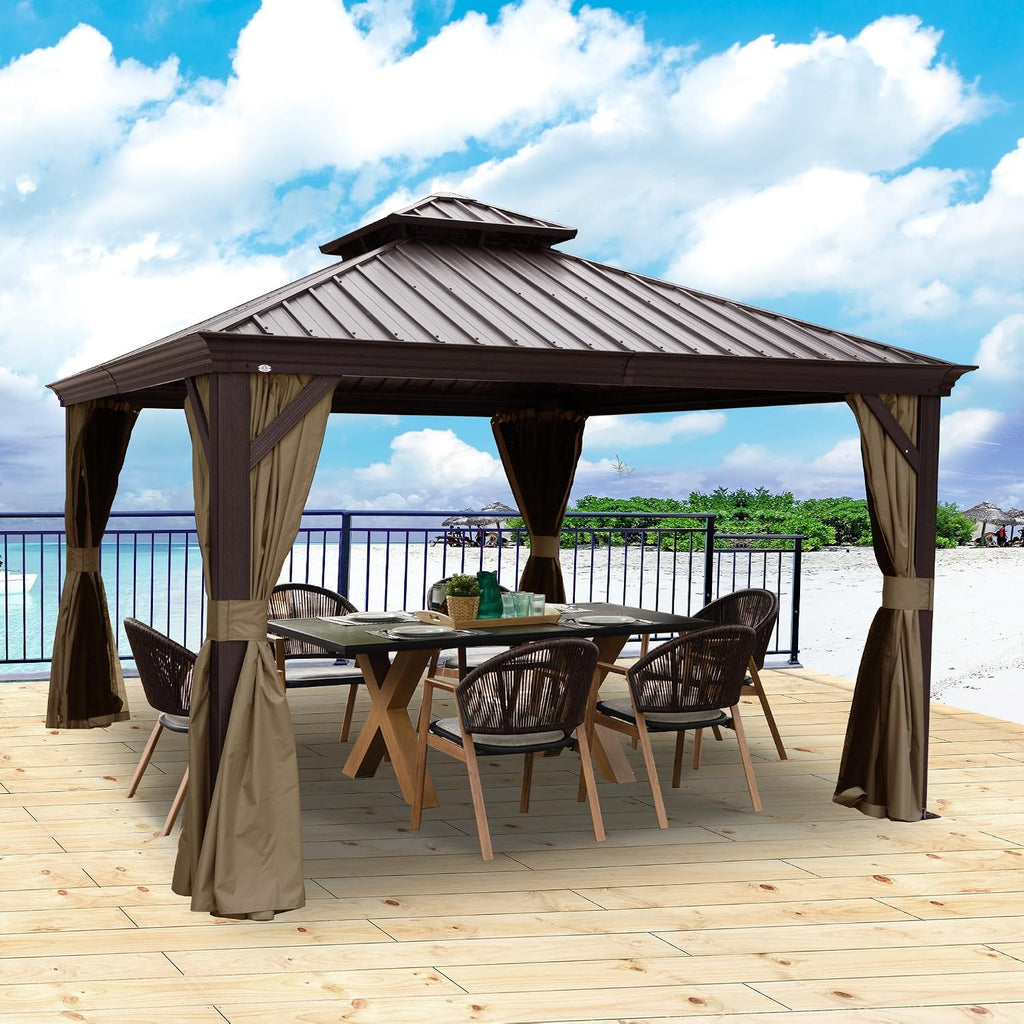 Kozyard Alexander 12' x 12' Hardtop Gazebo, Aluminum Frame with Galvanized Steel Double Roof, Outdoor Permanent Pavilion with Curtains and Netting for Patio, Backyard, Deck, Lawn(Brown)