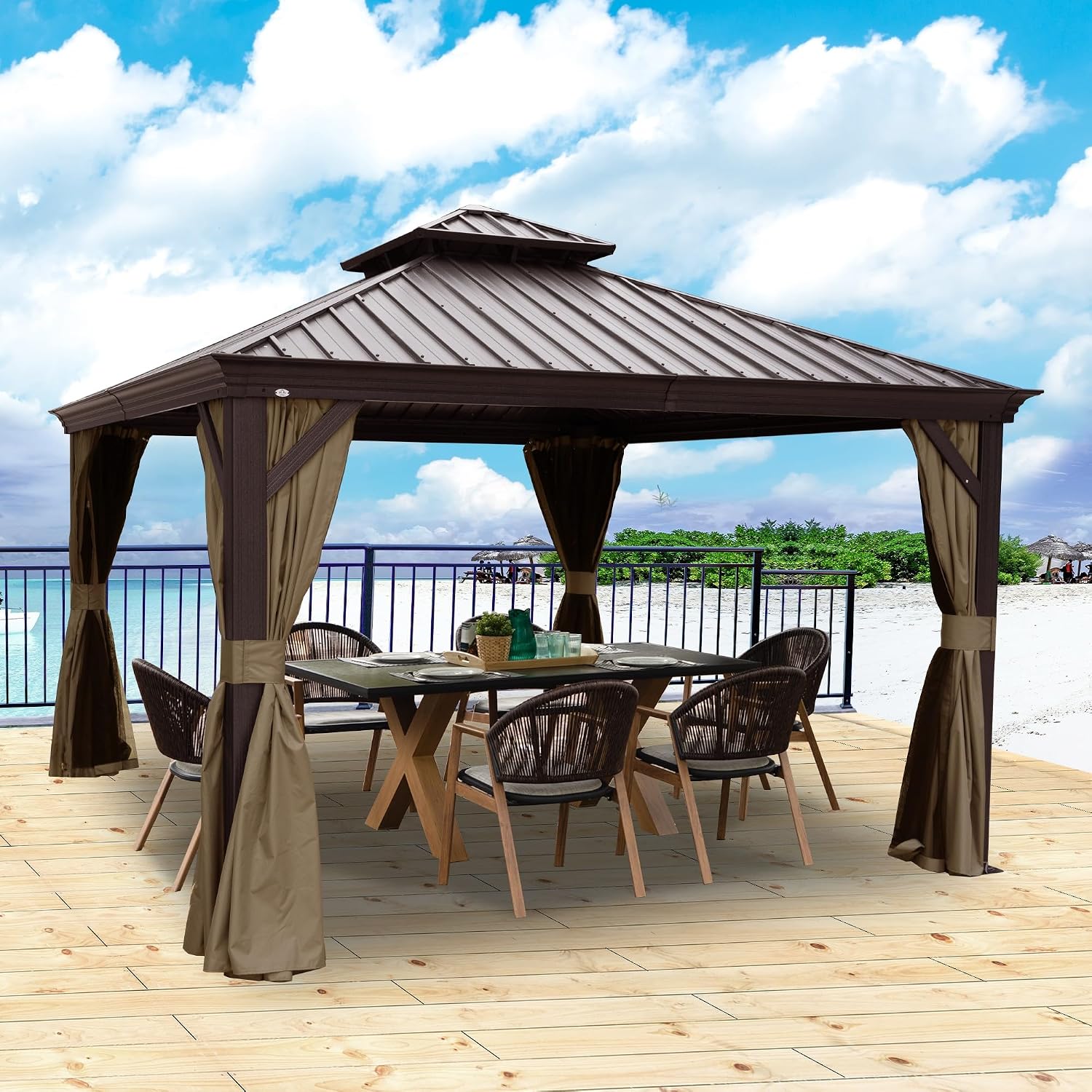 Kozyard Alexander 12' x 12' Hardtop Gazebo, Aluminum Frame with Galvanized Steel Double Roof, Outdoor Permanent Pavilion with Curtains and Netting for Patio, Backyard, Deck, Lawn(Brown)