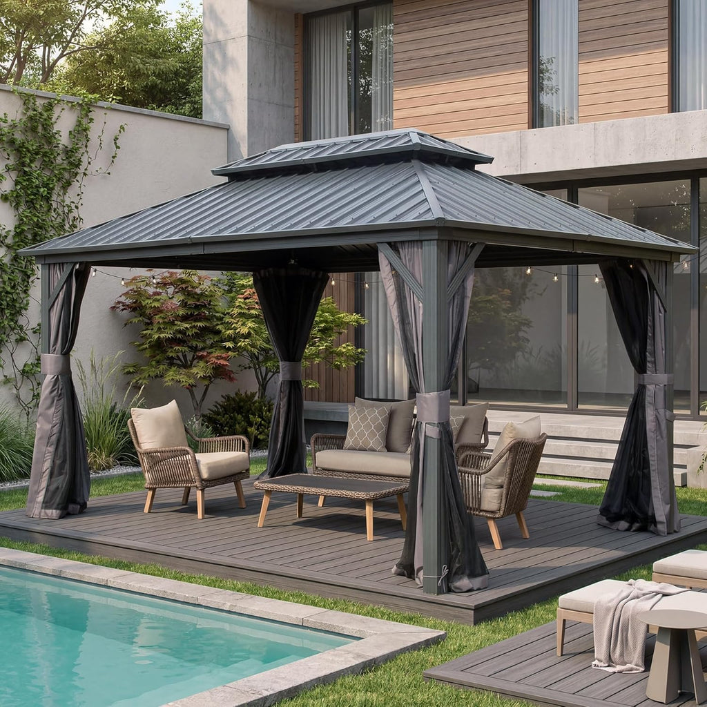 Domi 10' x 14' Hardtop Gazebo Permanent Metal Gazebo with Galvanized Steel Double Roof, Curtains and Netting for Outdoor Dining, Party, Patio, Backyard, Grey