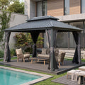 Domi 10' x 14' Hardtop Gazebo Permanent Metal Gazebo with Galvanized Steel Double Roof, Curtains and Netting for Outdoor Dining, Party, Patio, Backyard, Grey