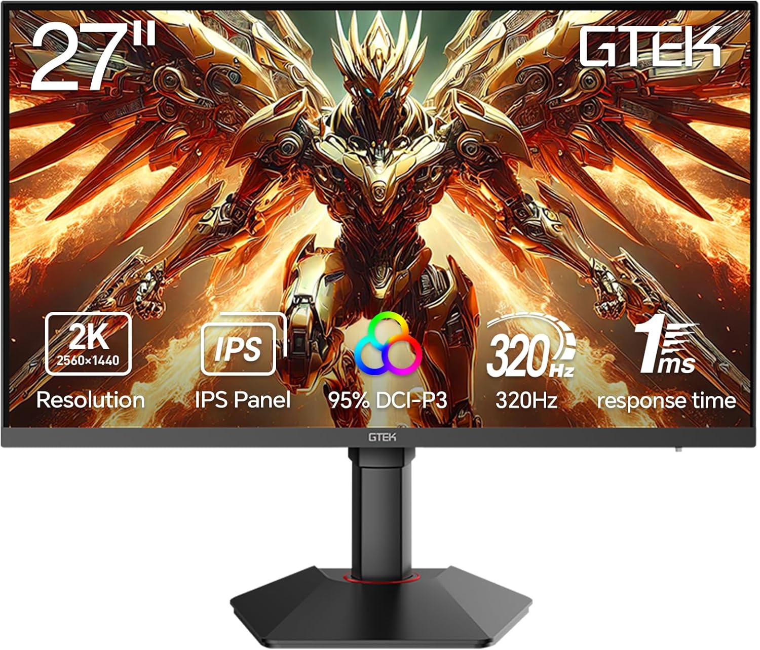 GTek 27 inch 320Hz 300Hz Gaming Monitor, Frameless 2K QHD 2560X1440P Fast IPS Computer Monitor, 1ms MPRT, FreeSync, 95% DCI-P3, HDR 400,DisplayPort/HDMI, Height Adjustable for Gaming and Steaming