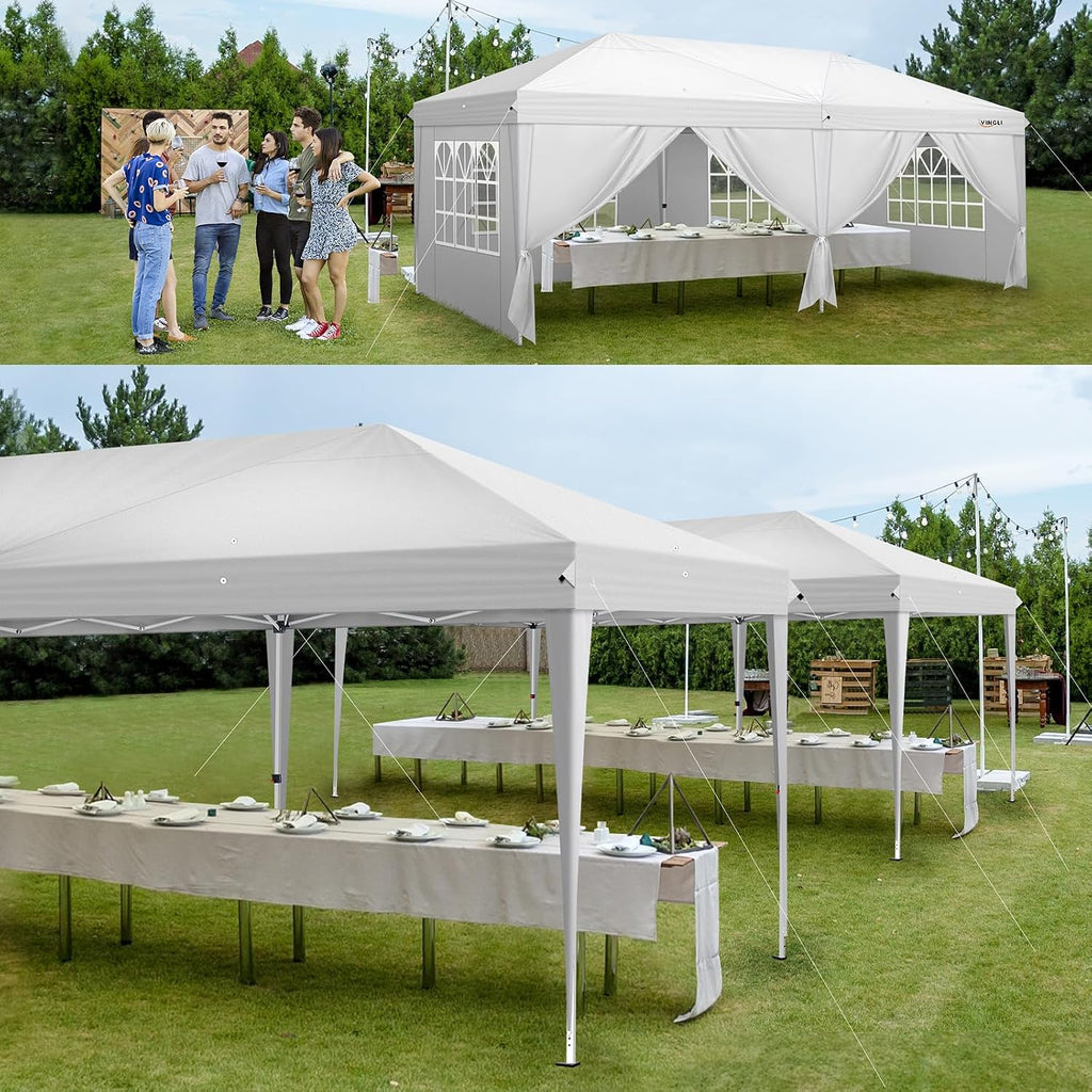 VINGLI 10x20 ft Pop Up Canopy Tent with 6 Sidewalls with Carry Bag, Outdoor Gazebo Shelter, Patio Event Tent Outdoor Canopy Commercial Canopy(White)