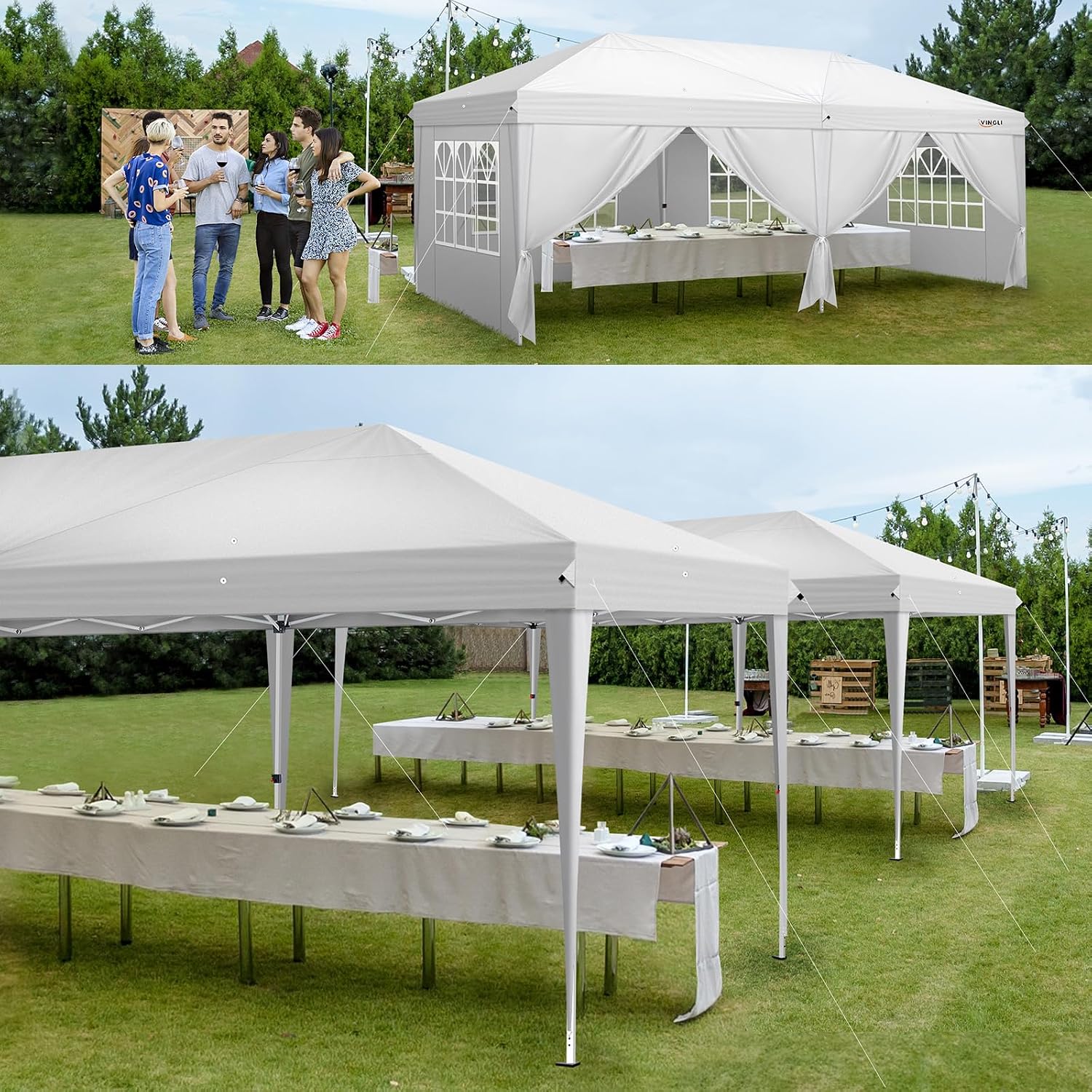 VINGLI 10x20 ft Pop Up Canopy Tent with 6 Sidewalls with Carry Bag, Outdoor Gazebo Shelter, Patio Event Tent Outdoor Canopy Commercial Canopy(White)