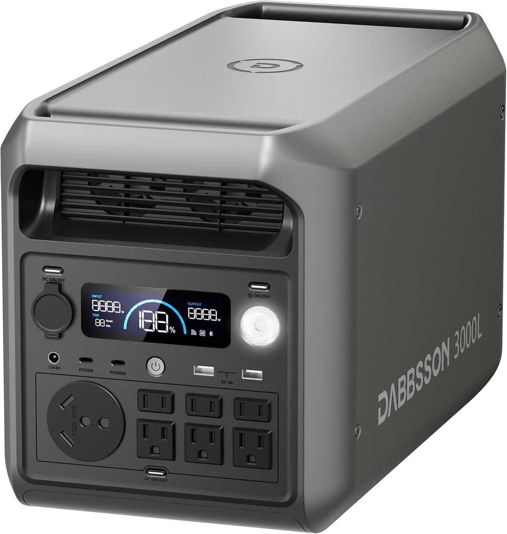 DABBSSON 3072Wh Portable Power Station, Semi-Solid LiFePO4, 3000W AC Output 6,TT-30 1 for Charging RV,P-Boost 3600W, Compact Lightweight, 1.3X Runtime,0-80% 1.5H,3000L Solar Generator for Camping/Home