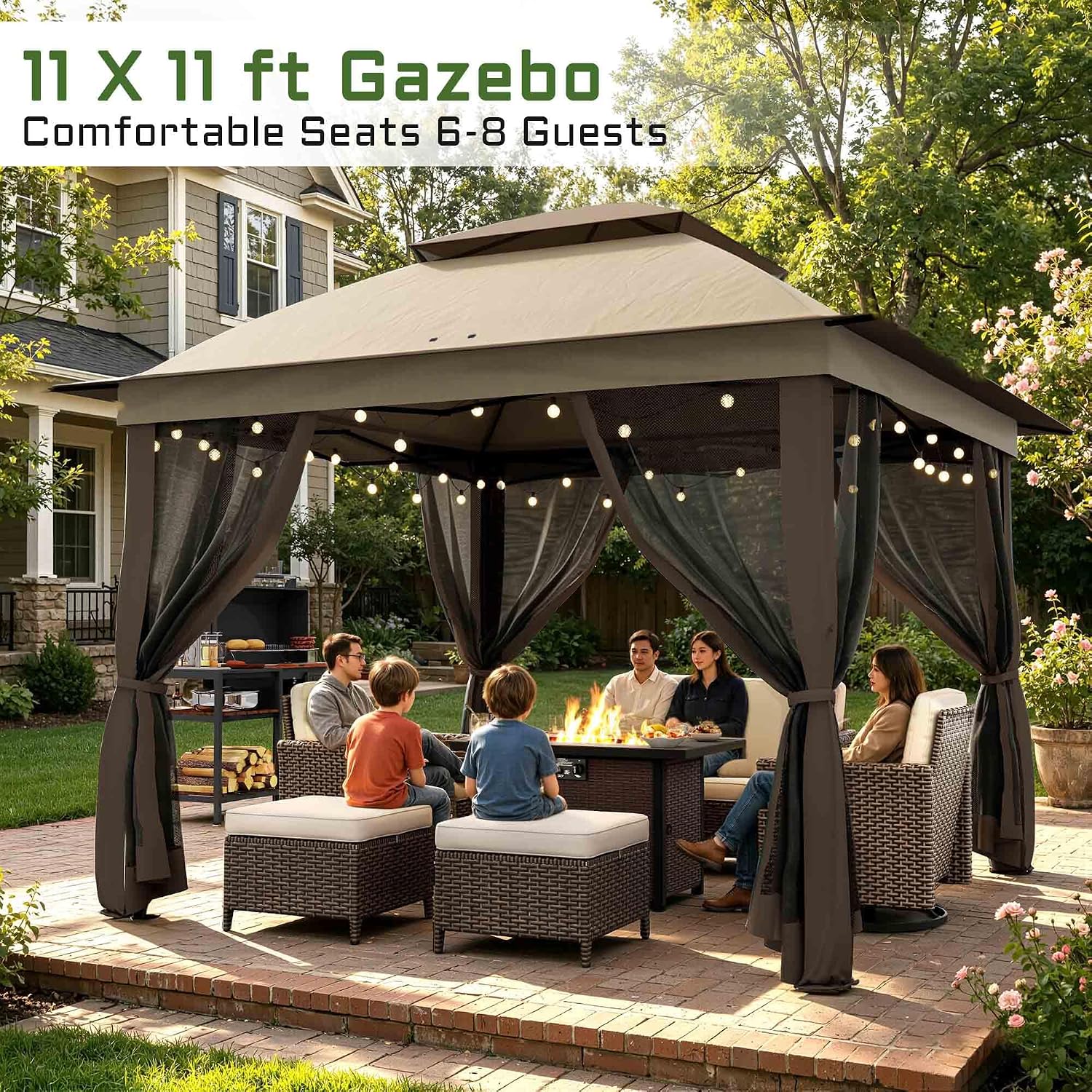 11'X11' Gazebo Pop Up with 4 Sidewalls Mosquito Netting, Heavy Duty Patio Gazebo Canopy Tent with Double Air Roofs for Backyards, Patios, Decks, Gardens, Parks